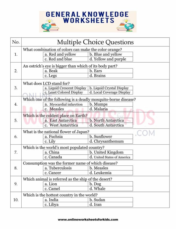 General Knowledge Worksheets for grade 1-20