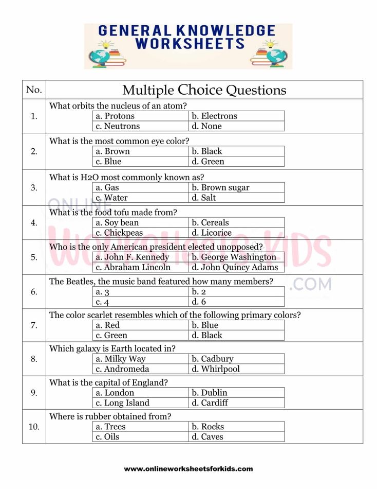 General Knowledge Worksheets for grade 1-20